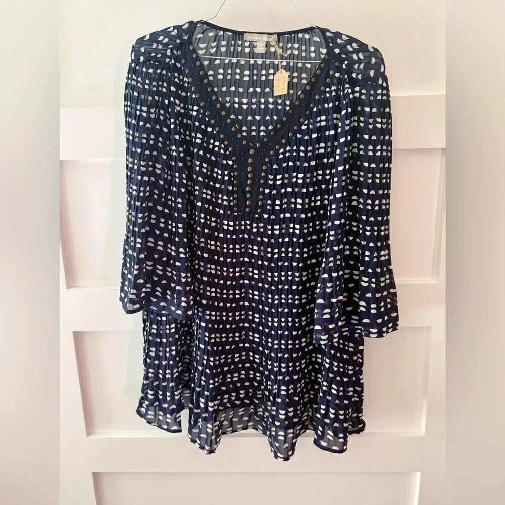 Woman Within Navy and White Pleated Polka Dot Tunic with studs